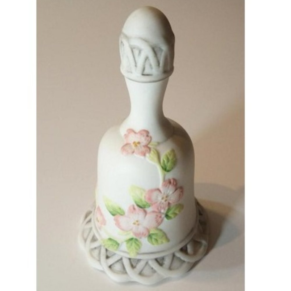 Vintage 1985 Lefton China White Bell.  Handpainted with Magnolia Pink Flower.